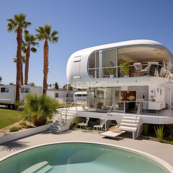 High Resolution: Modern white cylindrical house with large glass windows and a balcony on the second floor surrounded by palm trees in a sunny desert landscape download. | HRJPG.com