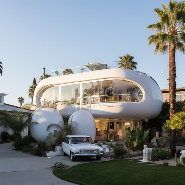 High Resolution: Modern futuristic white house with rounded glass and metal architecture at dusk with large oval windows surrounded by palm trees and a classic silver car download. | HRJPG.com