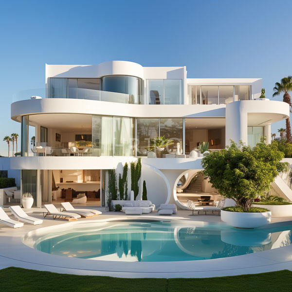 High Resolution: Modern white two-story house with curved glass balconies and sleek lines features an infinity pool in front adorned by lounge chairs download. | HRJPG.com