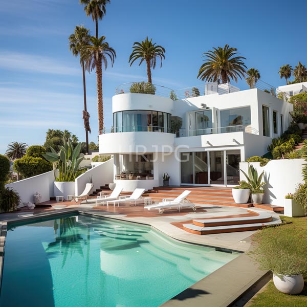 High Resolution: Modern white two-story house with circular balconies and glass railings features tall palm trees and a pool with turquoise water reflecting sunlight download. | HRJPG.com
