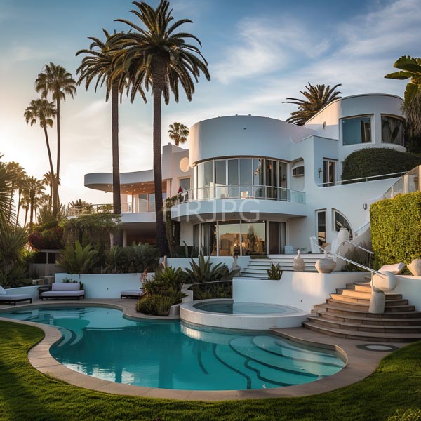 High Resolution: Elegant modern white two-story house with curved balconies and large glass windows at sunset features a circular swimming pool surrounded by a manicured lawn download. | HRJPG.com