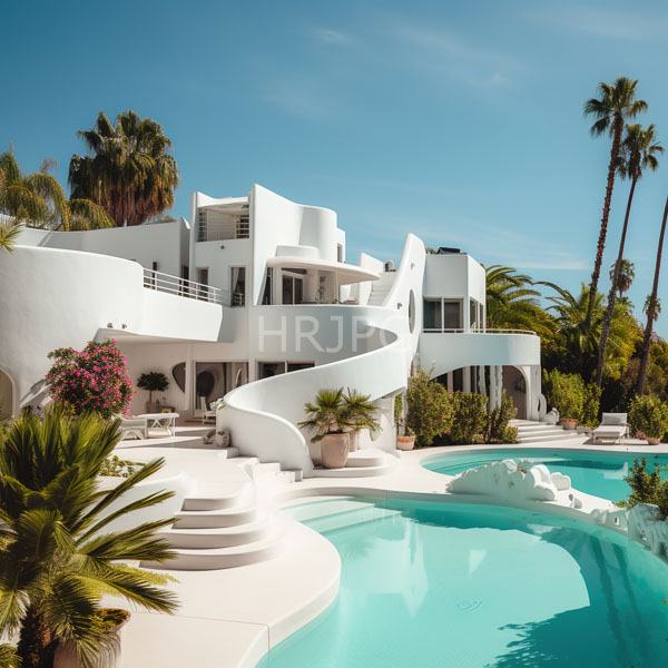 High Resolution: Elegant modern white villa with curved architectural features and a spiral staircase poolside with a turquoise swimming pool surrounded by lush palm trees download. | HRJPG.com