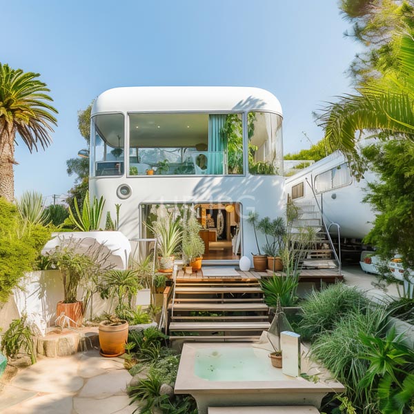 High Resolution: Modern white two-story house with rounded edges and large windows surrounded by lush greenery including palm trees and potted plants leading to an open wooden door download. | HRJPG.com
