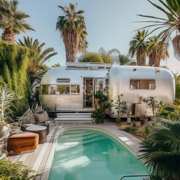 High Resolution: Outdoor scene features a silver vintage-style Airstream trailer nestled among tall palm trees and lush greenery with a small turquoise pool in the foreground download. | HRJPG.com