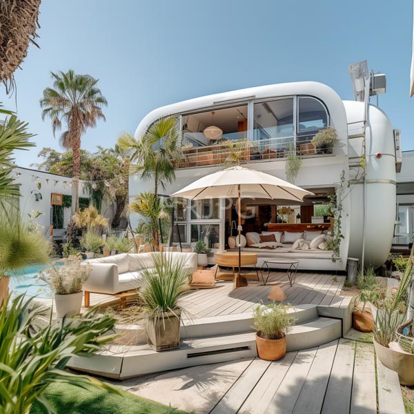 High Resolution: Modern white two-story house with rounded edges and large windows features beige sofas on a wooden deck surrounded by potted plants and a pool download. | HRJPG.com