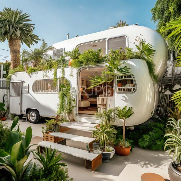 High Resolution: Eco-friendly white vintage trailer nestled among lush greenery with potted plants and palm trees open door reveals a cozy interior in natural wood tones download. | HRJPG.com