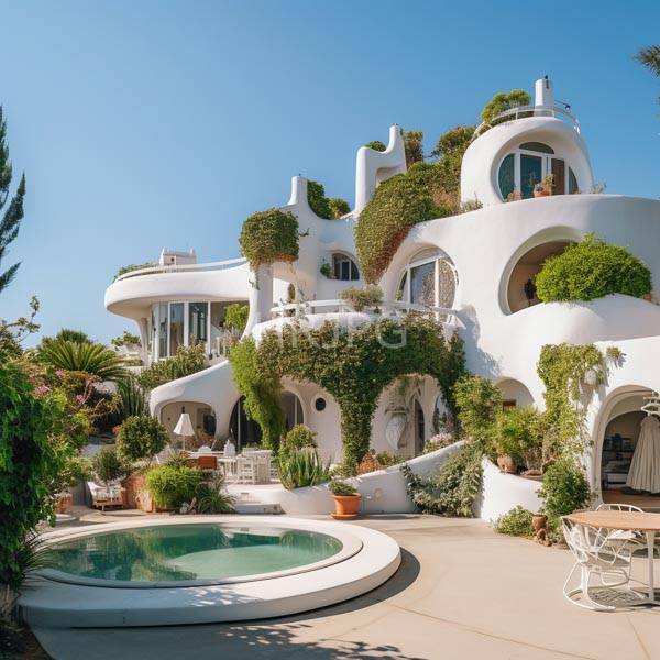 High Resolution: Elegant white stucco villa with organic curves and multiple levels covered in lush greenery features arched windows potted plants on terraces and a small round pool download. | HRJPG.com