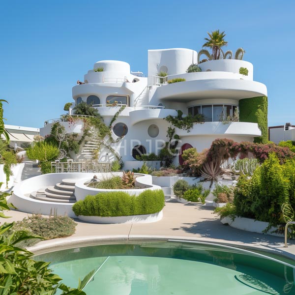 High Resolution: Avant-garde white concrete house with organic shapes and multiple circular balconies adorned in lush greenery featuring curved staircases download. | HRJPG.com