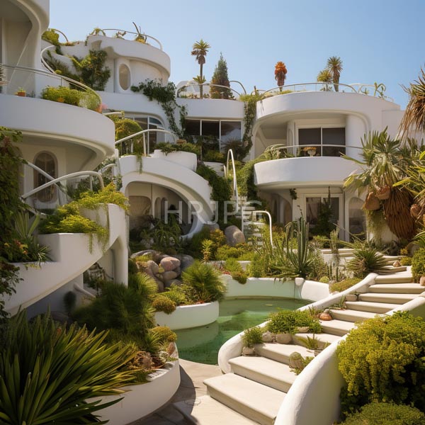 High Resolution: Exotic futuristic white villa with multiple curved levels and balconies adorned in lush greenery features spiral staircases leading to small pools download. | HRJPG.com