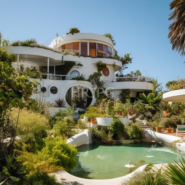 High Resolution: Eccentric white two-story house with circular windows and balconies adorned in lush greenery features potted plants surrounding a small turquoise pool at the base download. | HRJPG.com