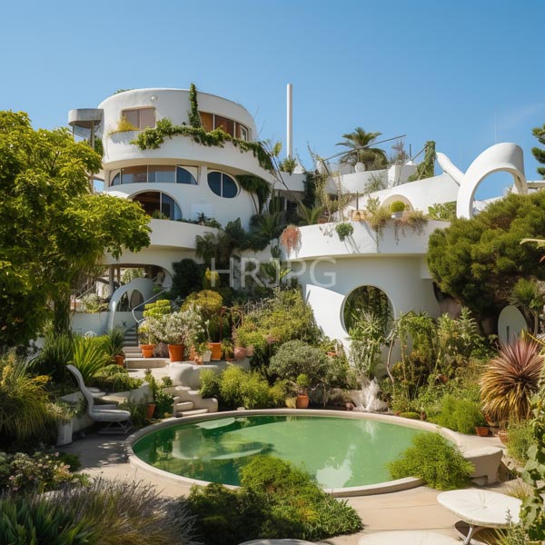 High Resolution: Eclectic white modernist house with rounded windows and balconies covered in lush greenery features a circular pool surrounded by potted plants download. | HRJPG.com