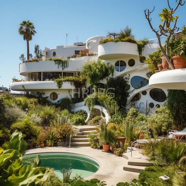 High Resolution: Eccentric white curved modernist house with circular windows and lush greenery on its terraces surrounded by potted plants around a small round pool download. | HRJPG.com