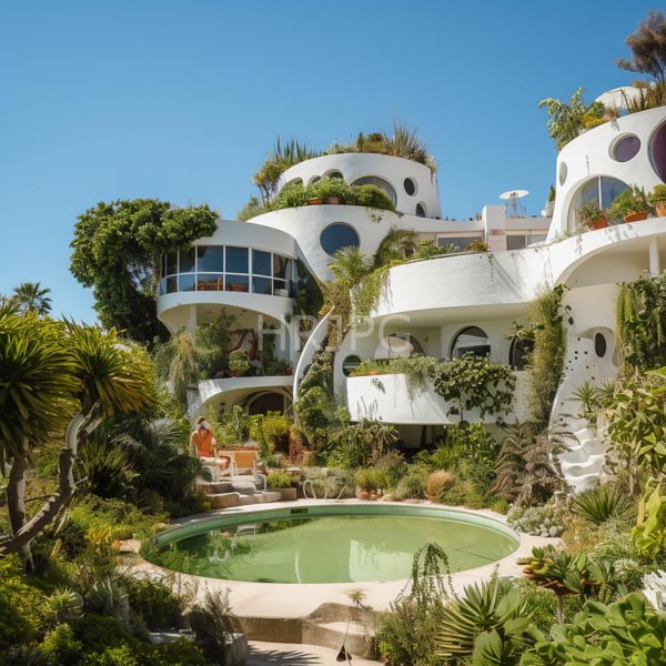 High Resolution: Eccentric white stucco hillside house with multiple curved levels and circular windows lush greenery climbs its walls and a small round pool is centered in front download. | HRJPG.com