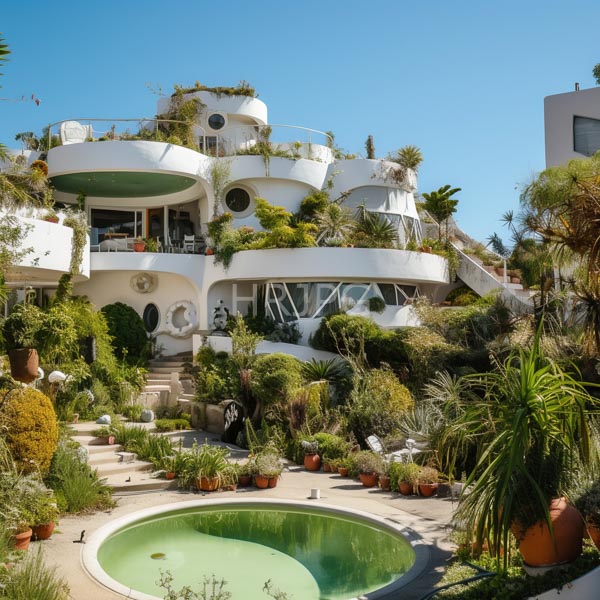 High Resolution: Eccentric white two-story house with rounded balconies and circular windows adorned in lush greenery features potted plants surrounding a small round pool download. | HRJPG.com