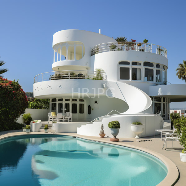 High Resolution: Modern white two-story house with curved balconies and a spiral staircase beside an oval-shaped swimming pool under a clear blue sky download. | HRJPG.com