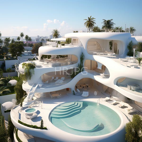 High Resolution: Avant-garde white concrete mansion with organic curves and multiple levels features large glass windows and palm trees on its rooftop terrace overlooking a circular infinity pool download. | HRJPG.com