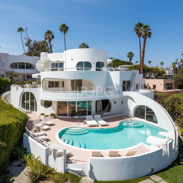 High Resolution: Elegant modern two-story white house with curved architecture and large glass windows overlooks a circular turquoise pool surrounded by lounge chairs download. | HRJPG.com