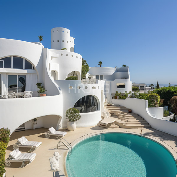 High Resolution: Elegant white Mediterranean-style villa with curved architecture and arched windows features a turquoise circular pool surrounded by sun loungers download. | HRJPG.com