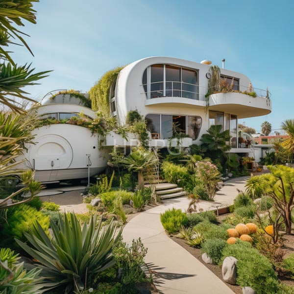 High Resolution: Modern white curved houses with lush greenery and plants surrounding them large windows show indoor furniture on one house's balcony area download. | HRJPG.com