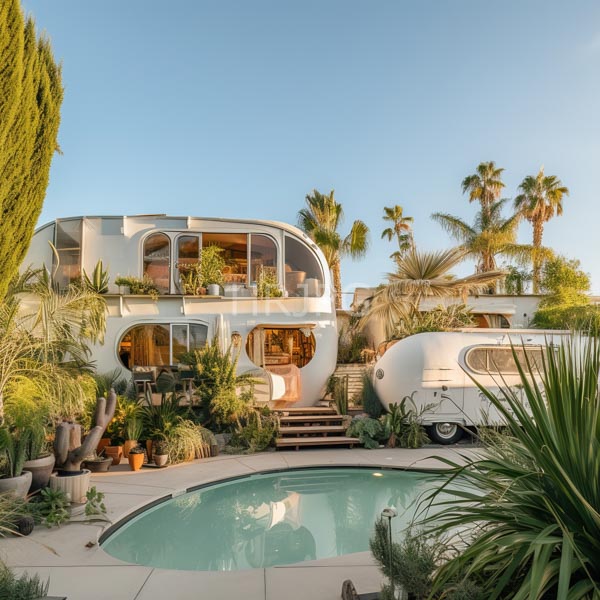 High Resolution: Modern white pod-like house with rounded windows and balconies surrounded by lush palm trees a small round pool in the foreground download. | HRJPG.com