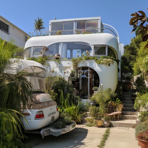 High Resolution: Eclectic modern white house with rounded edges and large windows adorned in greenery resembles vintage car design elements like headlights download. | HRJPG.com