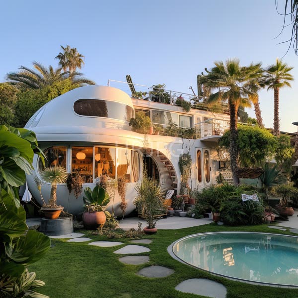 High Resolution: Eccentric white retro-futuristic house with rounded edges and large windows at sunset surrounded by lush greenery leading to a small circular pool download. | HRJPG.com