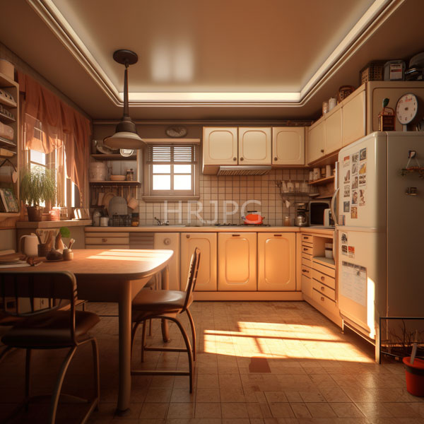 High Resolution: Warm sunlit vintage kitchen with beige cabinets and tiled backsplash a round wooden table has two brown chairs a white refrigerator adorned with magnets download. | HRJPG.com