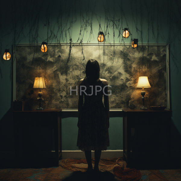 High Resolution: Dim atmospheric room features an unseen person with short dark hair standing in front of textured green and gray wall art illuminated by two warm-toned lamps download. | HRJPG.com