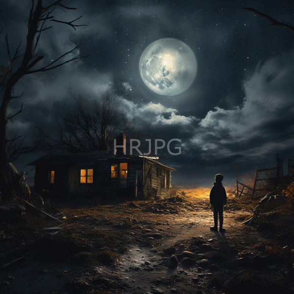 High Resolution: Eerie night scene with a full moon illuminating dark cloudy skies and casting light on a dilapidated wooden shack emitting a warm yellow glow from its windows download. | HRJPG.com
