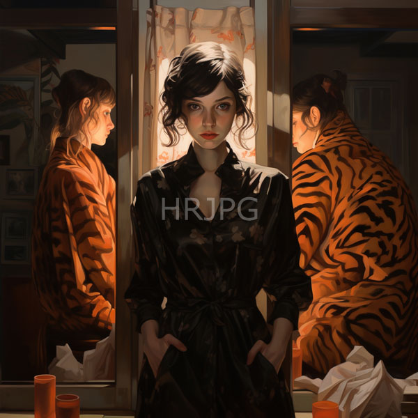 High Resolution: Asian woman with fair skin and dark wavy hair in loose curls stands before mirrors reflecting her backside wearing tiger-striped pajamas and a black floral-patterned robe download. | HRJPG.com