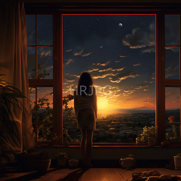 High Resolution: Anime-style woman with long dark hair stands in front of large windows at sunset or sunrise facing a starry sky and crescent moon over rolling hills download. | HRJPG.com