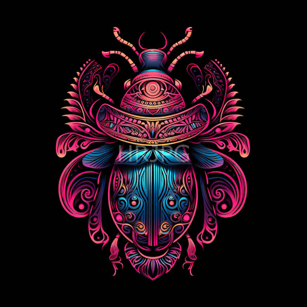 High Resolution: Intricately patterned beetle on a black background features vibrant neon colors pink and blue with yellow accents in symmetrical designs resembling tribal art download. | HRJPG.com