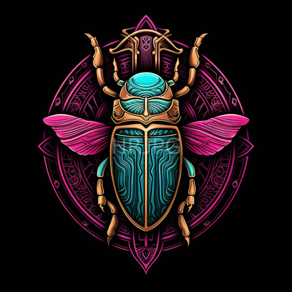 High Resolution: Intricately designed beetle with turquoise and gold accents pink wings set against a glowing magenta mandala on a black background with symmetrical patterns download. | HRJPG.com
