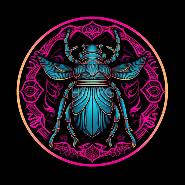 High Resolution: Intricately detailed glowing blue beetle centered within a circular neon pink and magenta patterned design on a black background with symmetrical wings download. | HRJPG.com