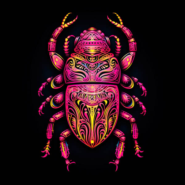 High Resolution: Intricately patterned beetle on a black background features vibrant neon pink and yellow colors with detailed symmetrical designs resembling tribal art download. | HRJPG.com