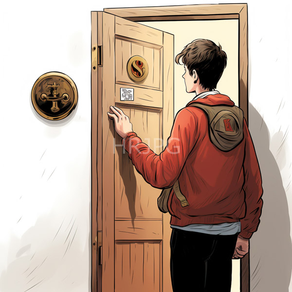 High Resolution: Androgynous young person with short brown hair wearing glasses a red hoodie and a green backpack standing in front of an open wooden door download. | HRJPG.com