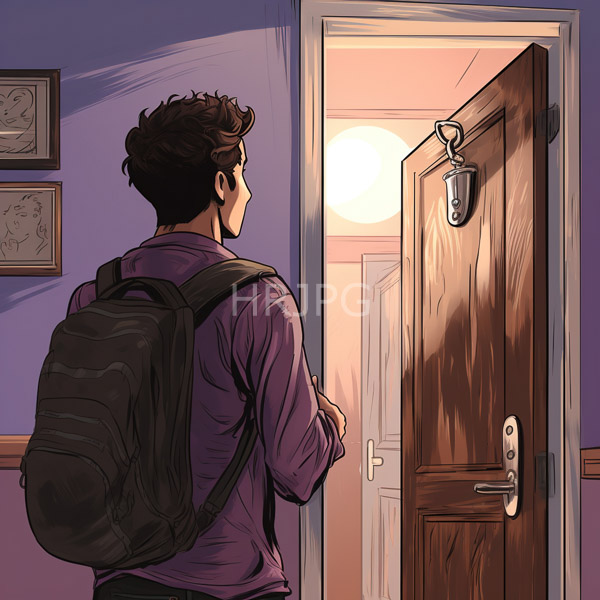 High Resolution: Androgynous young man with short curly brown hair stands in front of an open wooden door at dusk wearing a purple shirt and black backpack looking out download. | HRJPG.com