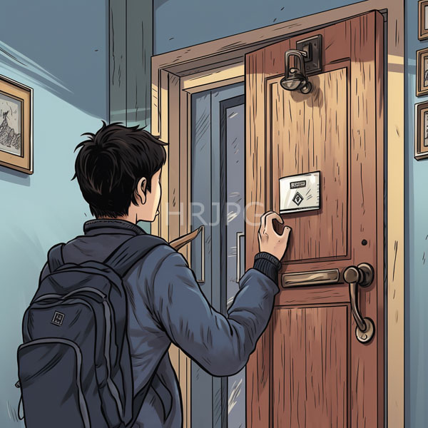 High Resolution: Asian male with short black hair wearing a blue jacket and backpack stands in front of a wooden door locking mechanism holding his right hand on it download. | HRJPG.com