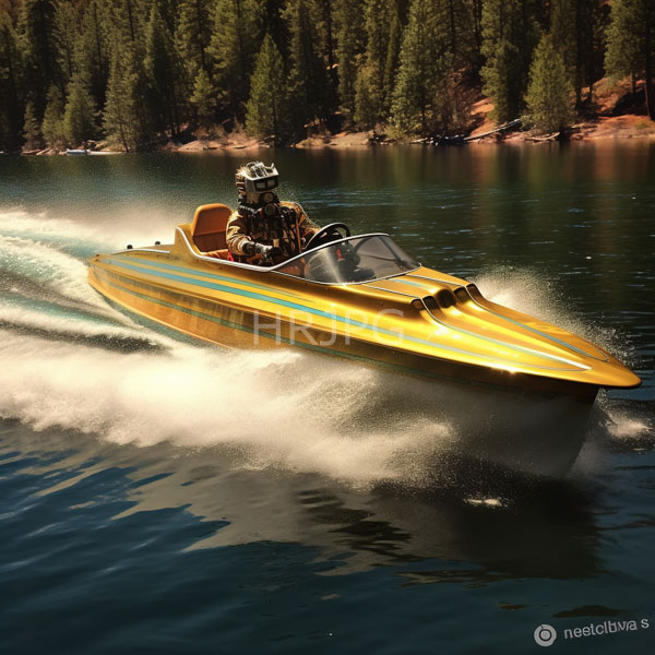 High Resolution: Individual in camouflage gear and helmet piloting a sleek yellow speedboat with blue stripes on calm lake water creating a white wake download. | HRJPG.com