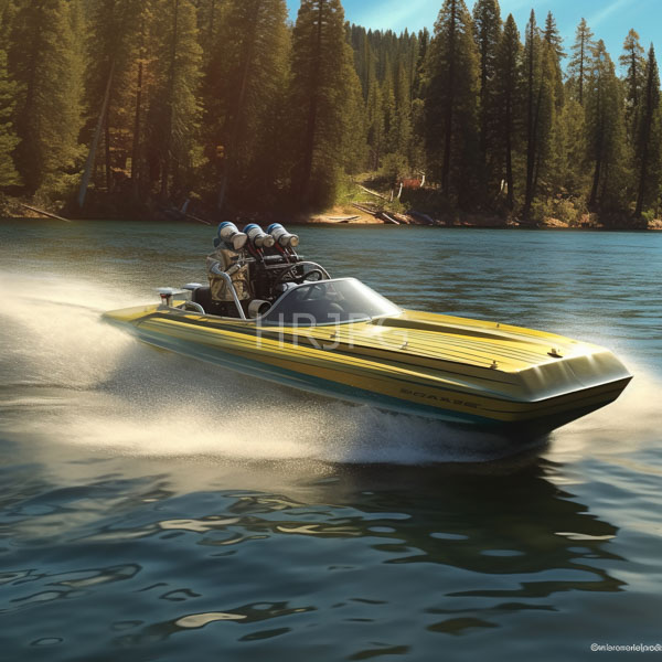 High Resolution: Two people in silver helmets and black wetsuits ride an orange-and-yellow speedboat with three outboard motors creating white water spray on calm lake waters download. | HRJPG.com