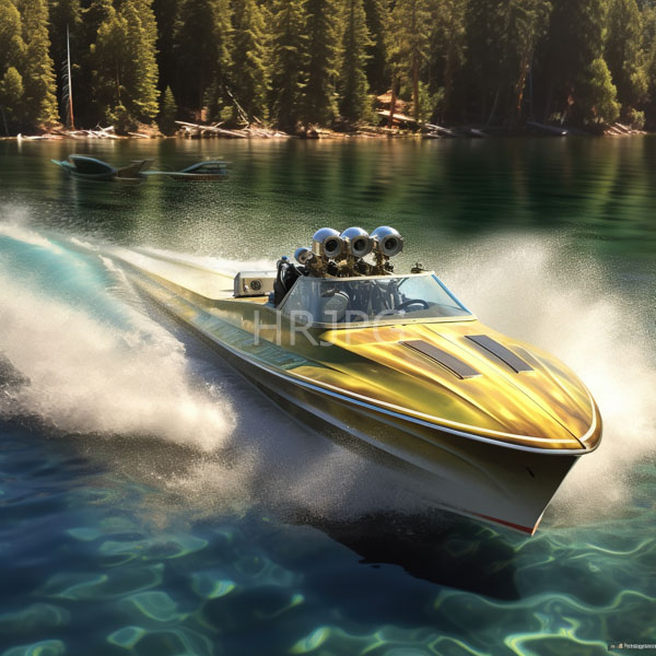 High Resolution: Sleek golden speedboat with three people wearing helmets and life vests on board cuts through clear blue water creating white spray at high velocity download. | HRJPG.com