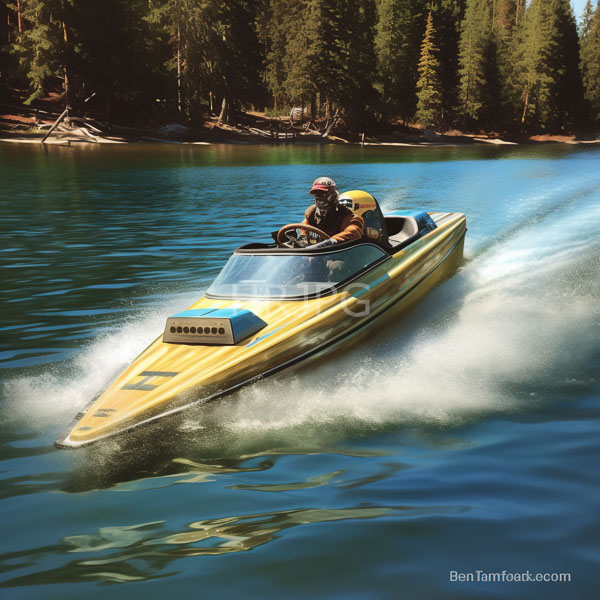 High Resolution: Two people in a yellow speedboat cut through clear blue lake water with white spray trailing behind wearing helmets and life vests surrounded by dense forest download. | HRJPG.com