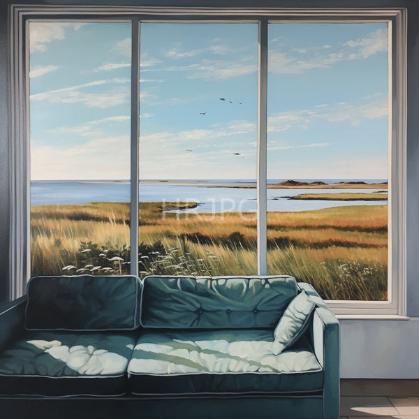 High Resolution: Aqua-green couch with white cushions in front of large vertical windows showing marshland and blue water under a clear sky download. | HRJPG.com