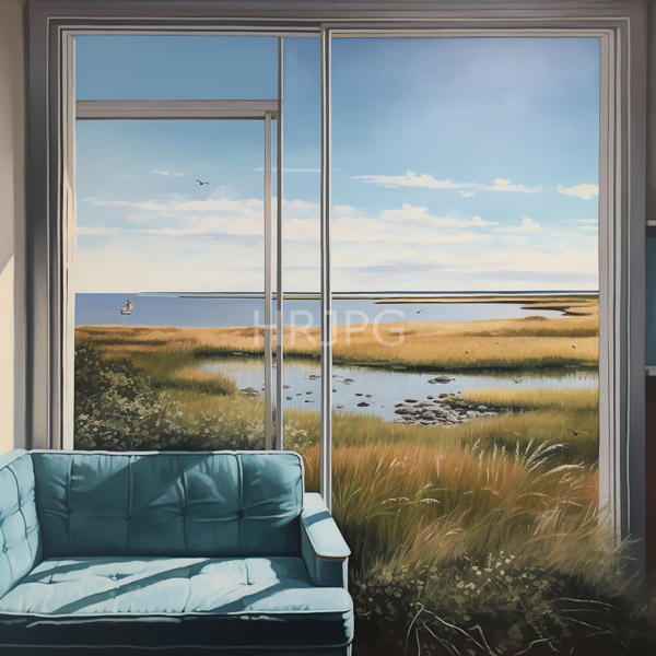 High Resolution: Interior scene features a turquoise tufted leather sofa a large window behind reveals marshland with golden grasses and a small waterway under a clear blue sky download. | HRJPG.com