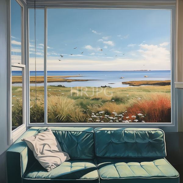 High Resolution: Interior scene with a teal tufted couch in the foreground a large window behind shows a vibrant coastal landscape blue ocean and grasslands download. | HRJPG.com