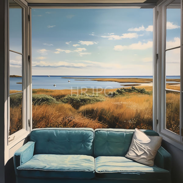 High Resolution: Open window frames a turquoise-blue upholstered sofa overlooking golden-brown marshland and calm blue sea under a clear sky download. | HRJPG.com