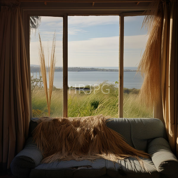 High Resolution: Interior scene with beige curtains framing three large windows revealing a serene lakeside view a blue-green upholstered sofa is centered below download. | HRJPG.com