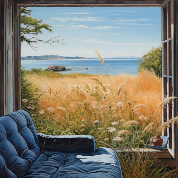 High Resolution: Open window frames a serene coastal landscape with golden grasses and a blue ocean inside is a plush dark-blue tufted couch with white socks download. | HRJPG.com