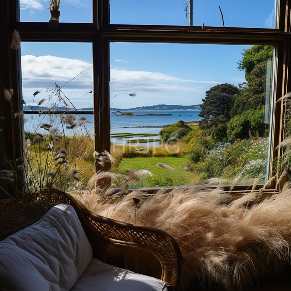 High Resolution: Indoor scene with a wicker armchair facing a large window view outside shows lush green grassland leading to a calm blue lake under a clear sky download. | HRJPG.com