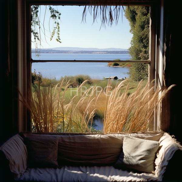 High Resolution: Interior scene with sunlight streaming through a window revealing tall golden grasses and a serene lake a white cushioned sofa is adorned with two beige pillows download. | HRJPG.com